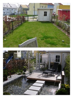 Gartenberatung Reihenhausgarten Gartenteich Garten-Frost vorher nachher